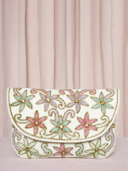 Elegant  Floral Embroidery Party Clutch - White