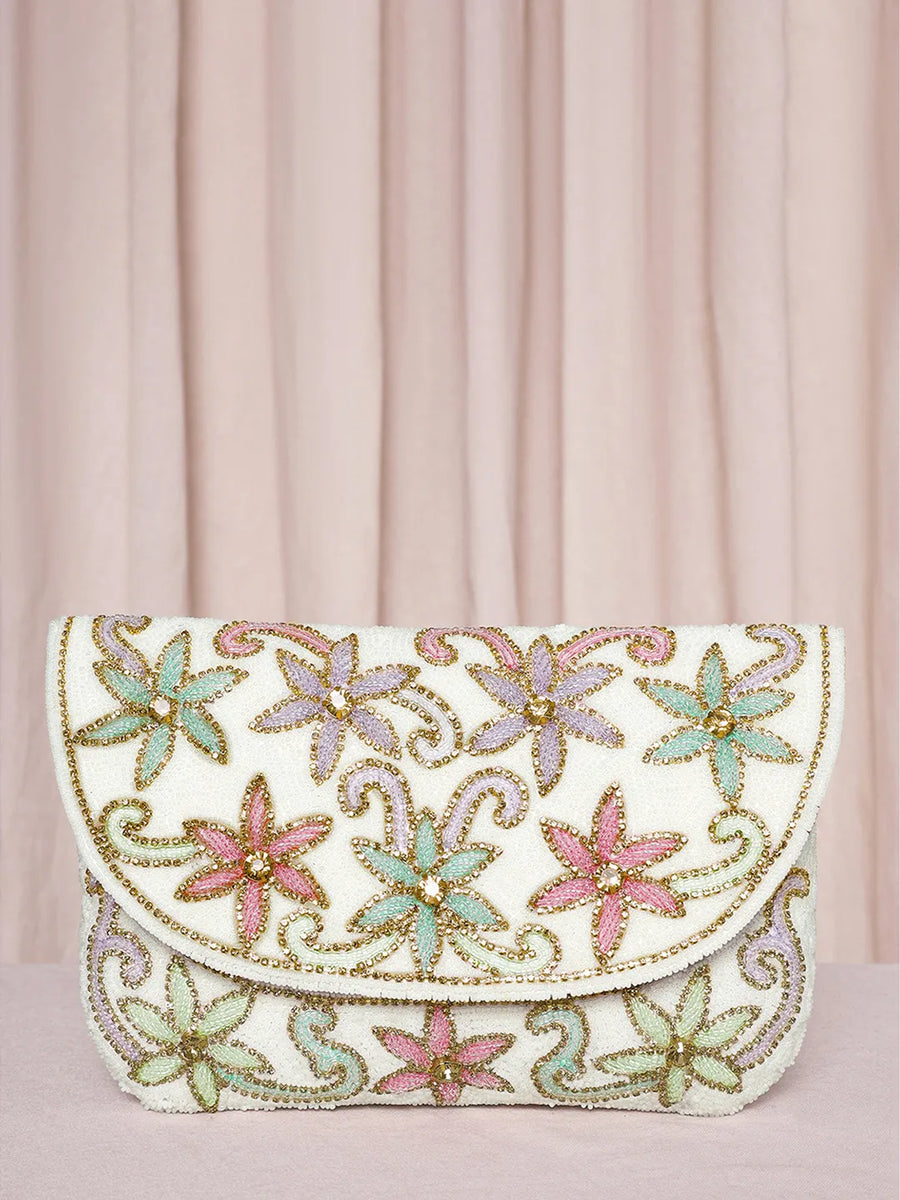 Elegant  Floral Embroidery Party Clutch - White