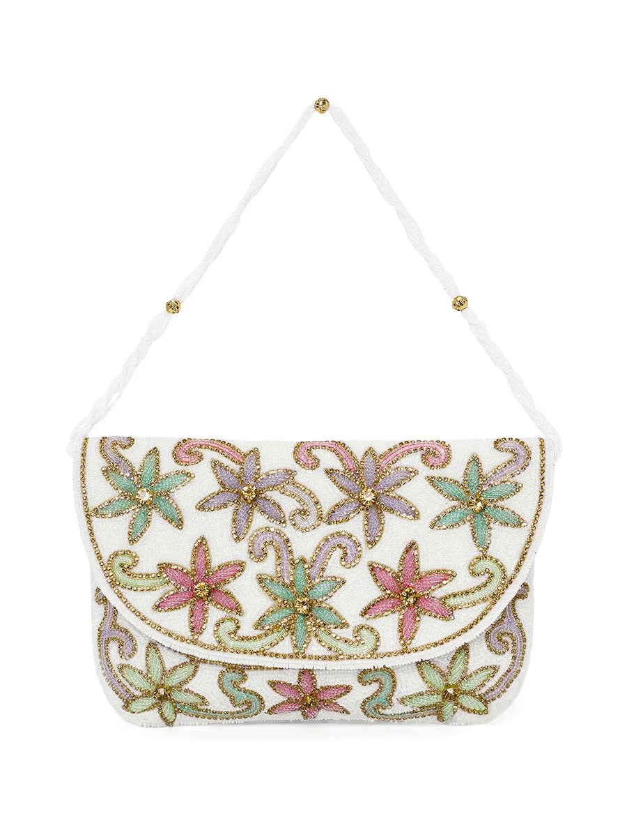Elegant  Floral Embroidery Party Clutch - White