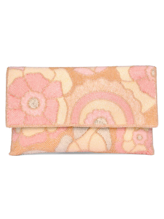 Pastel  Floral Hand Embroidered Clutch - Pink