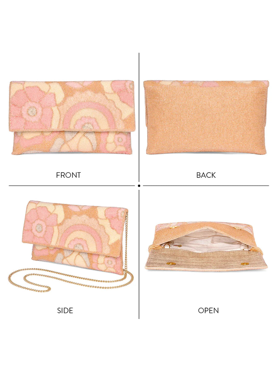 Pastel  Floral Hand Embroidered Clutch - Pink