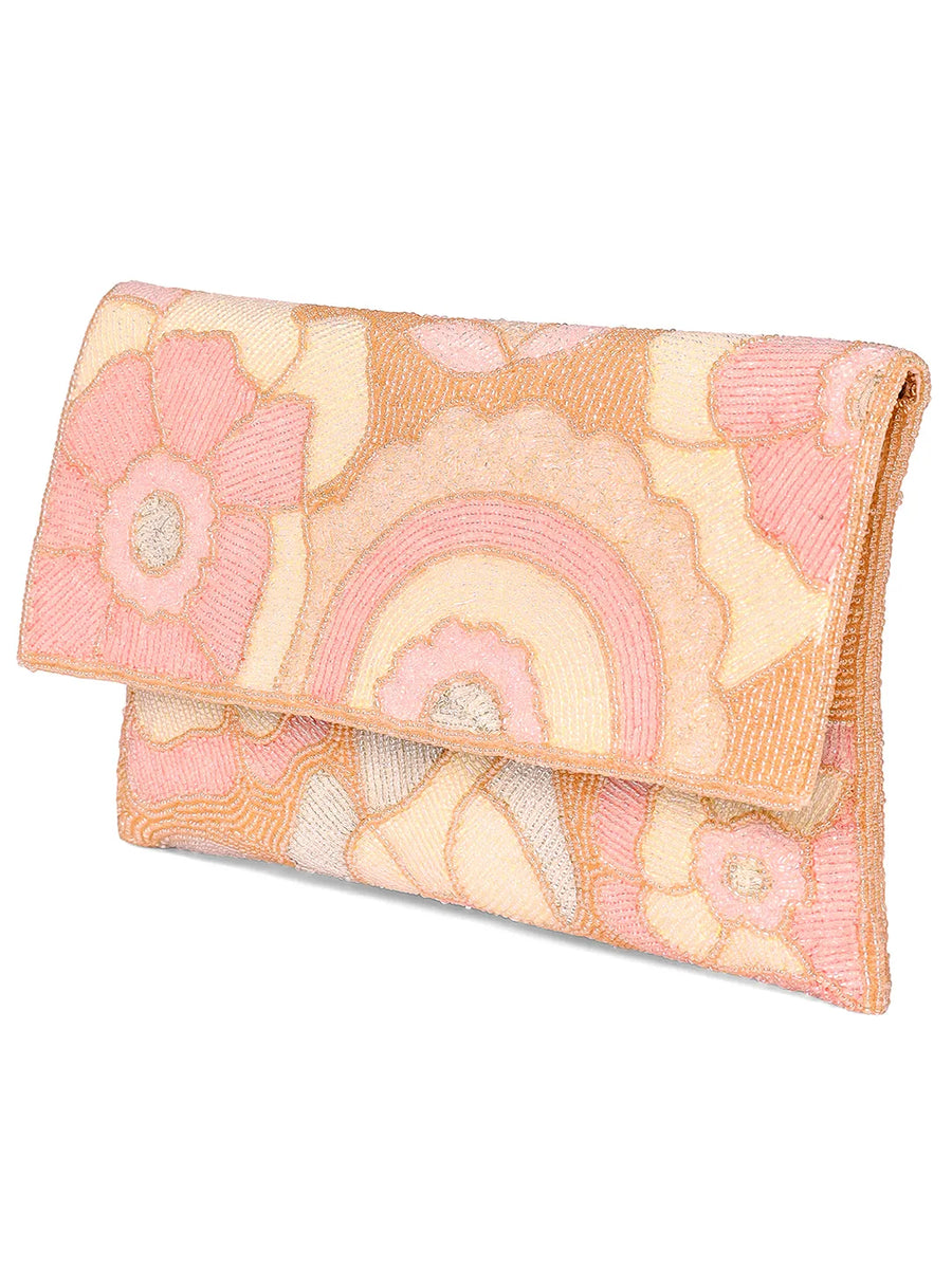 Pastel  Floral Hand Embroidered Clutch - Pink