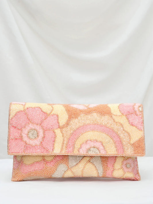 Pastel  Floral Hand Embroidered Clutch - Pink