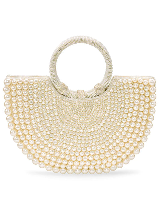 Peora Luxe Pearl Beaded Crescent Handbag - White