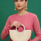 Peora Luxe Pearl Beaded Crescent Handbag - White