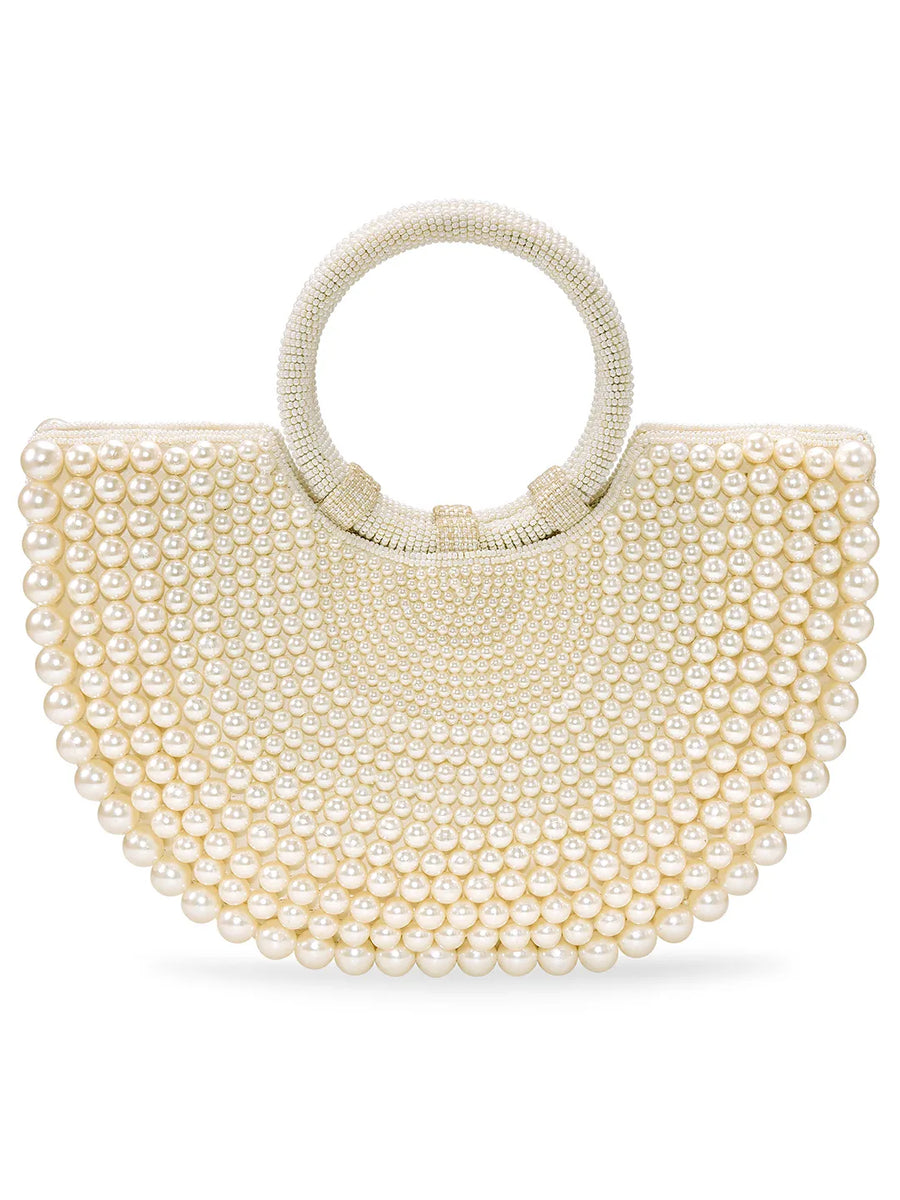 Peora Luxe Pearl Beaded Crescent Handbag - White