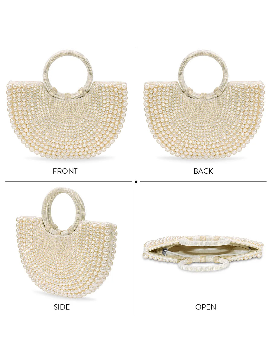 Peora Luxe Pearl Beaded Crescent Handbag - White