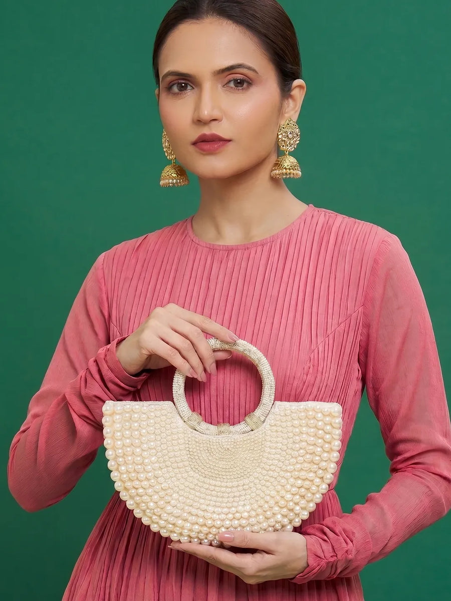 Peora Luxe Pearl Beaded Crescent Handbag - White