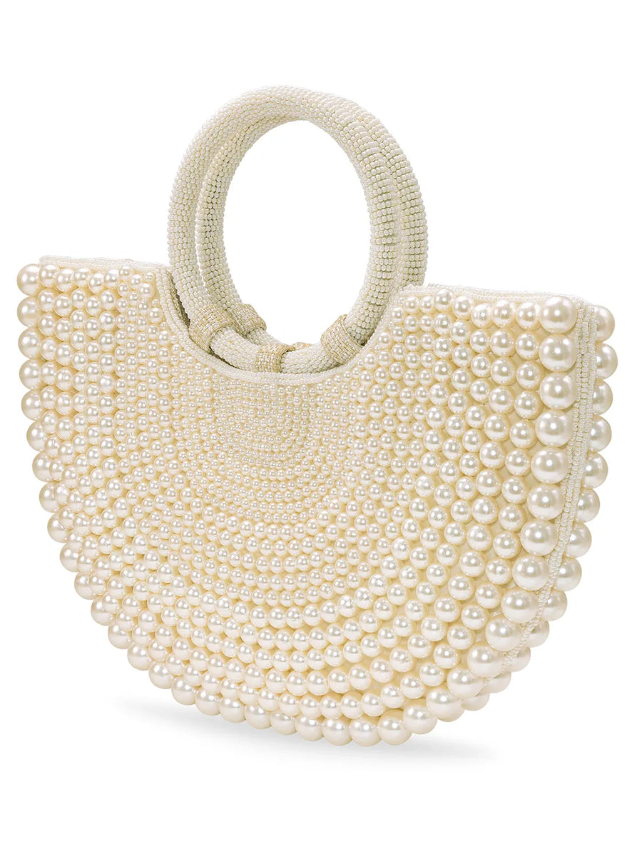 Peora Luxe Pearl Beaded Crescent Handbag - White