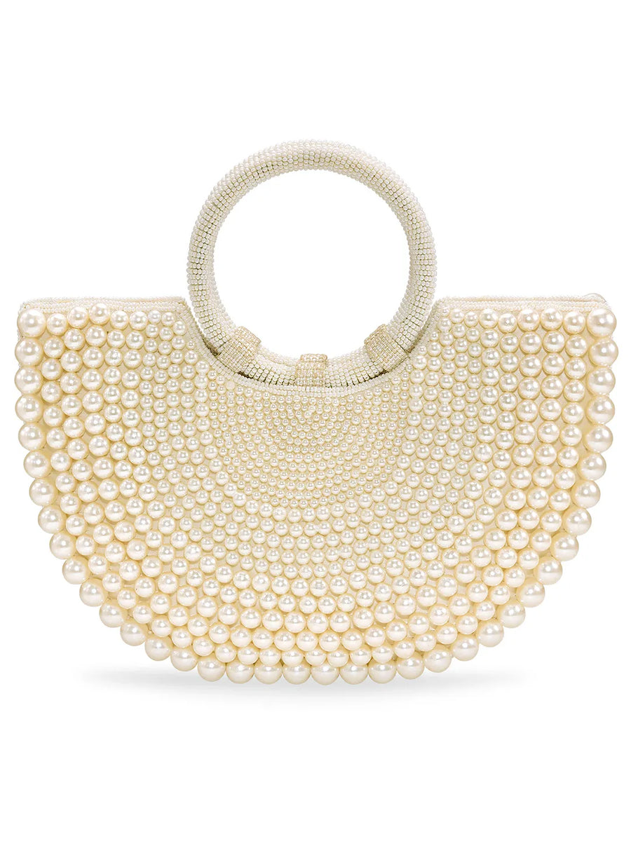 Peora Luxe Pearl Beaded Crescent Handbag - White