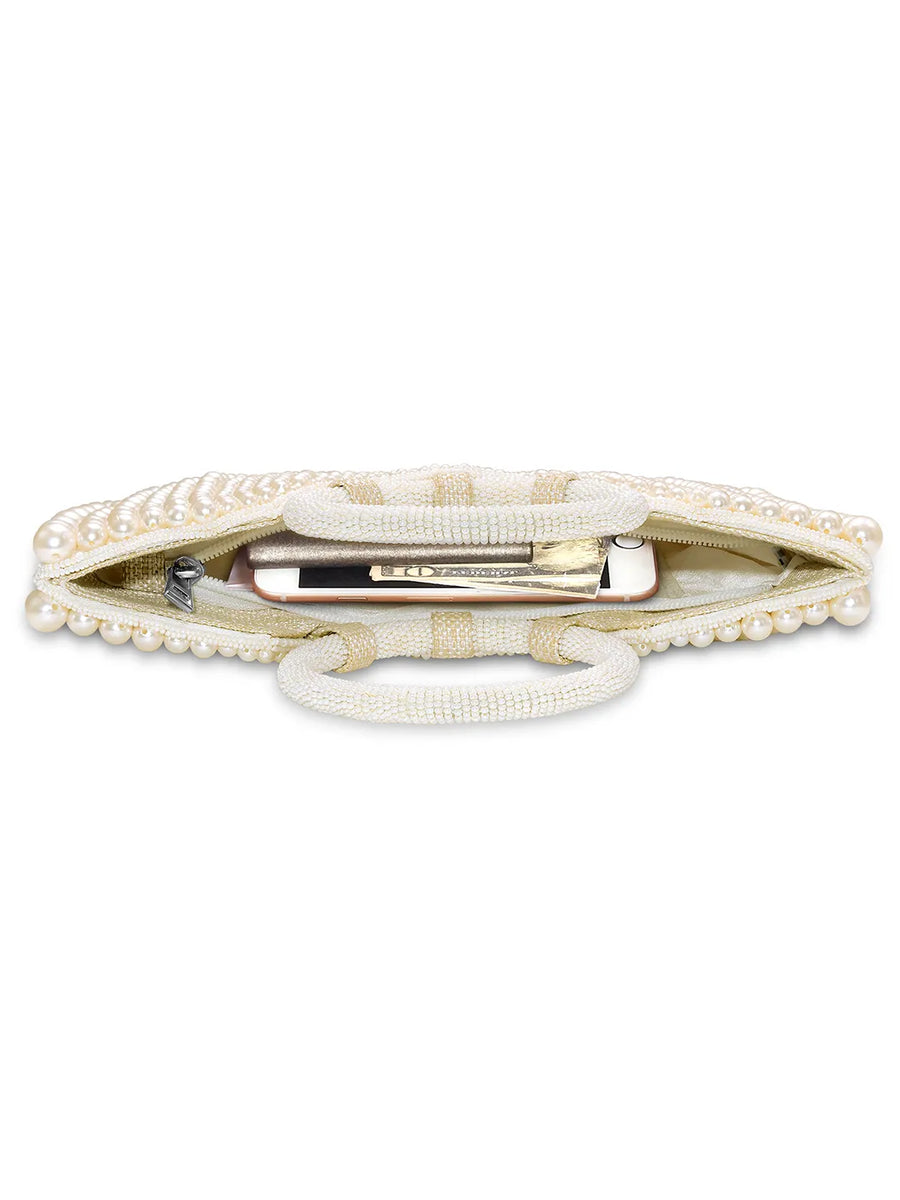 Peora Luxe Pearl Beaded Crescent Handbag - White