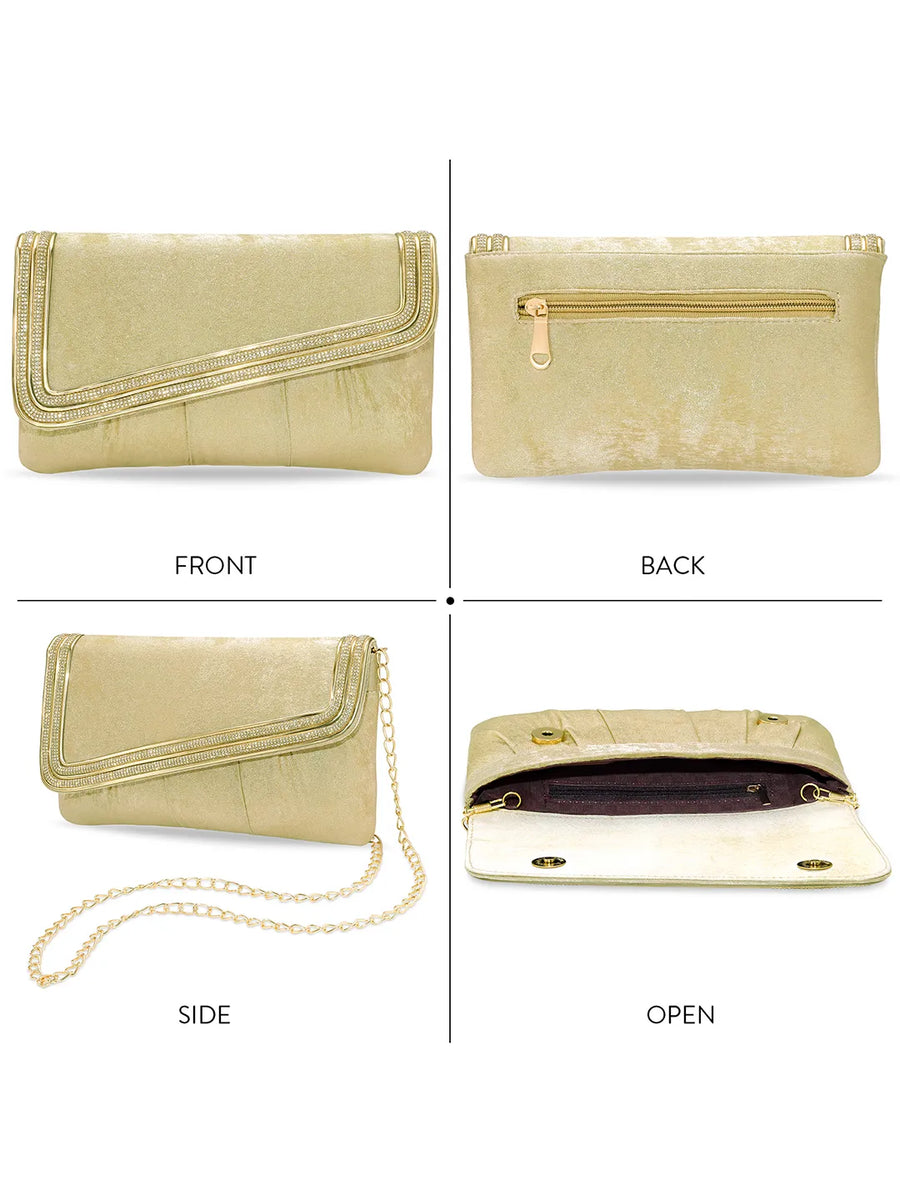 Peora Textured Envelope Party Wear Clutch - Gold