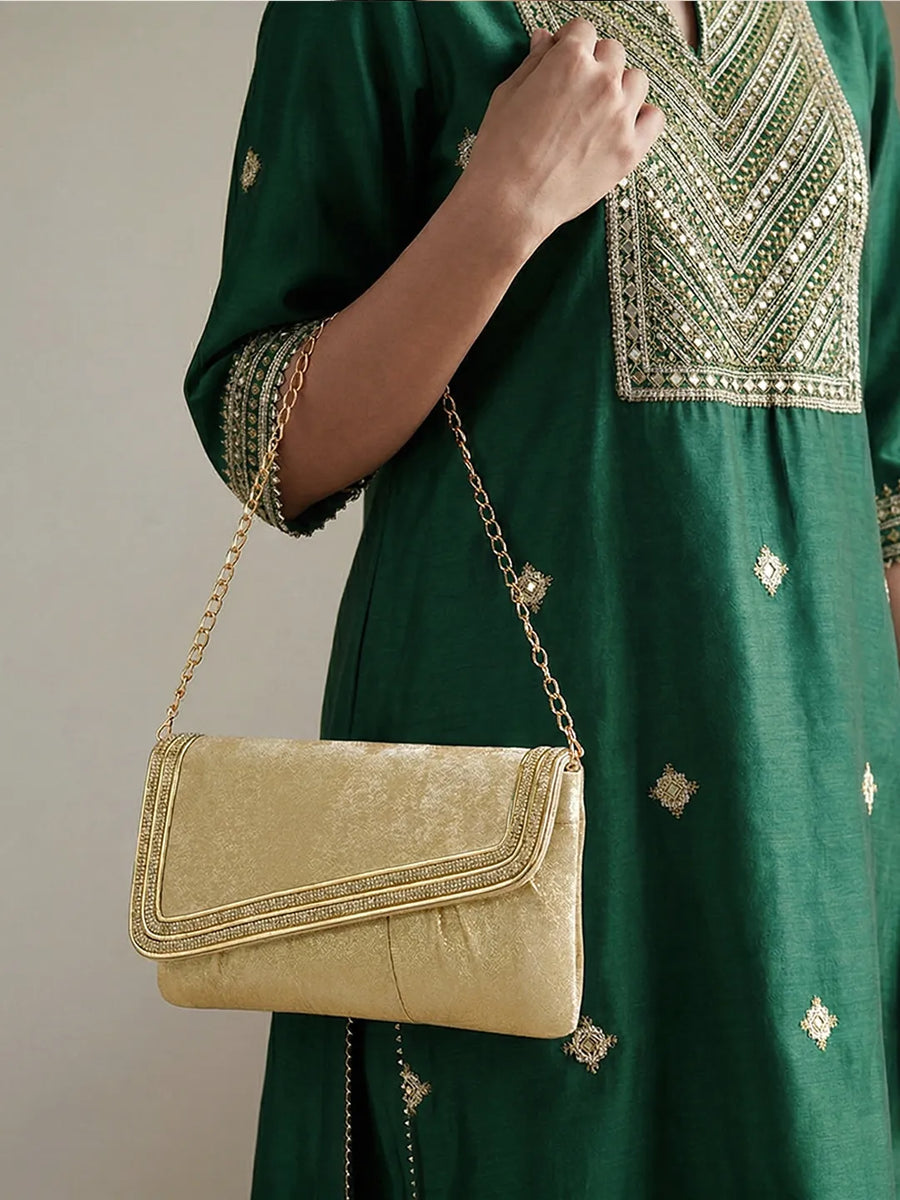 Peora Textured Envelope Party Wear Clutch - Gold