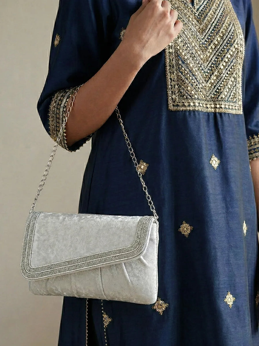 Peora Textured Envelope Party Wear Clutch - Silver