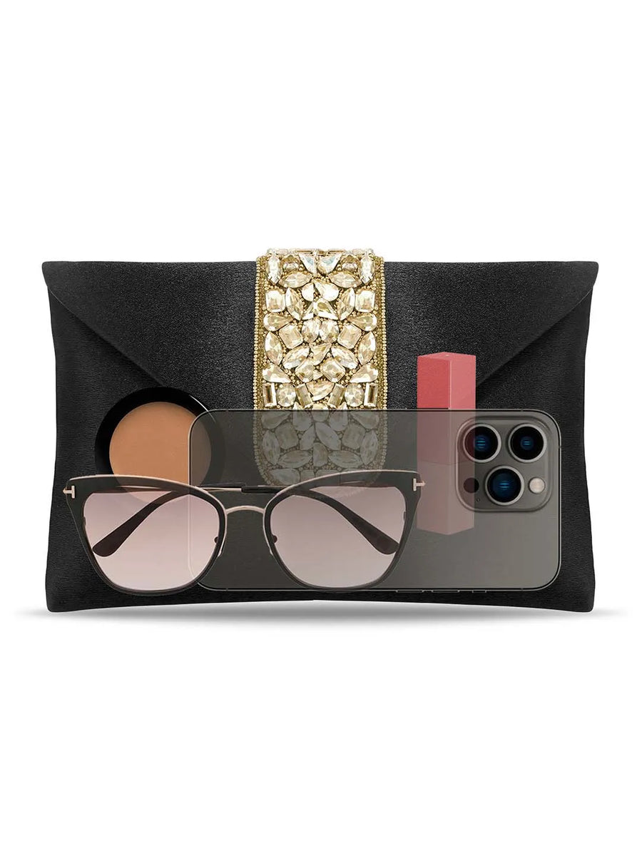 Gold Bling Stone Black Envelope Clutch Bag