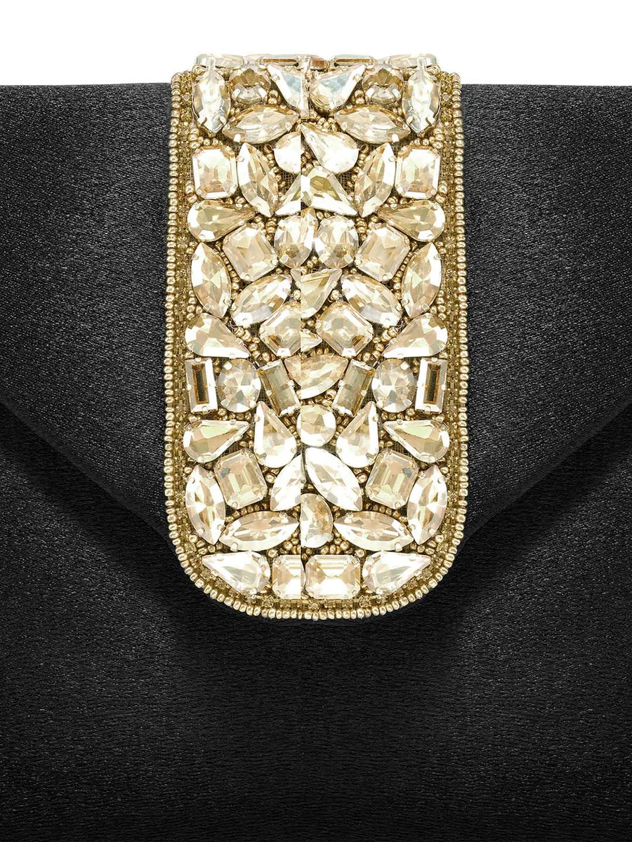 Gold Bling Stone Black Envelope Clutch Bag