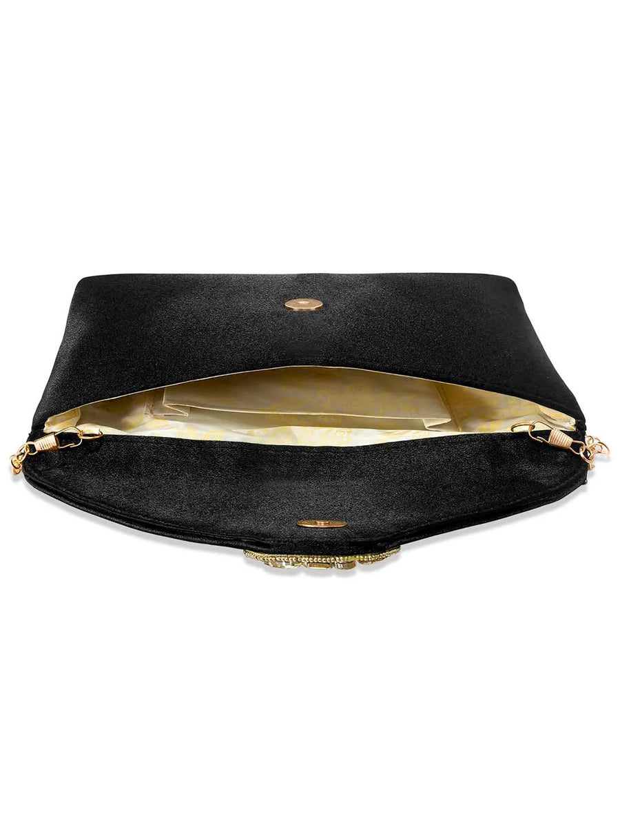 Gold Bling Stone Black Envelope Clutch Bag