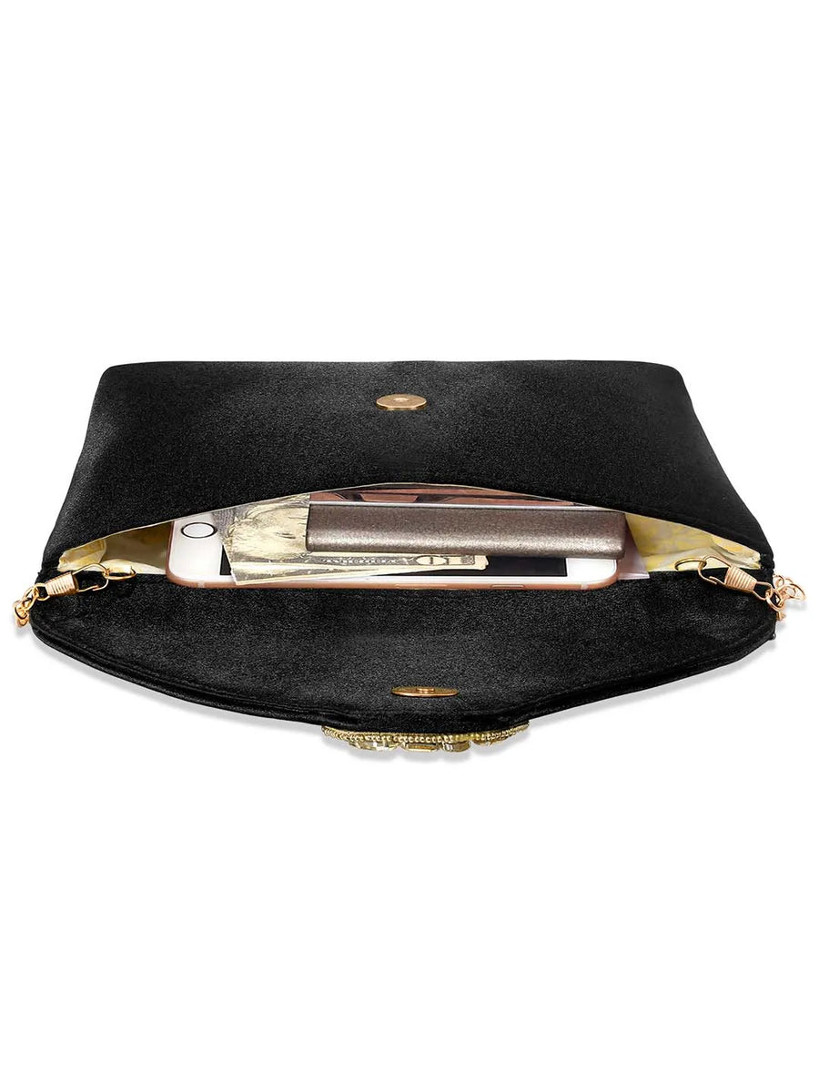Gold Bling Stone Black Envelope Clutch Bag