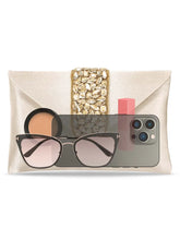 Gold Bling Stone Cream Envelope Clutch Bag