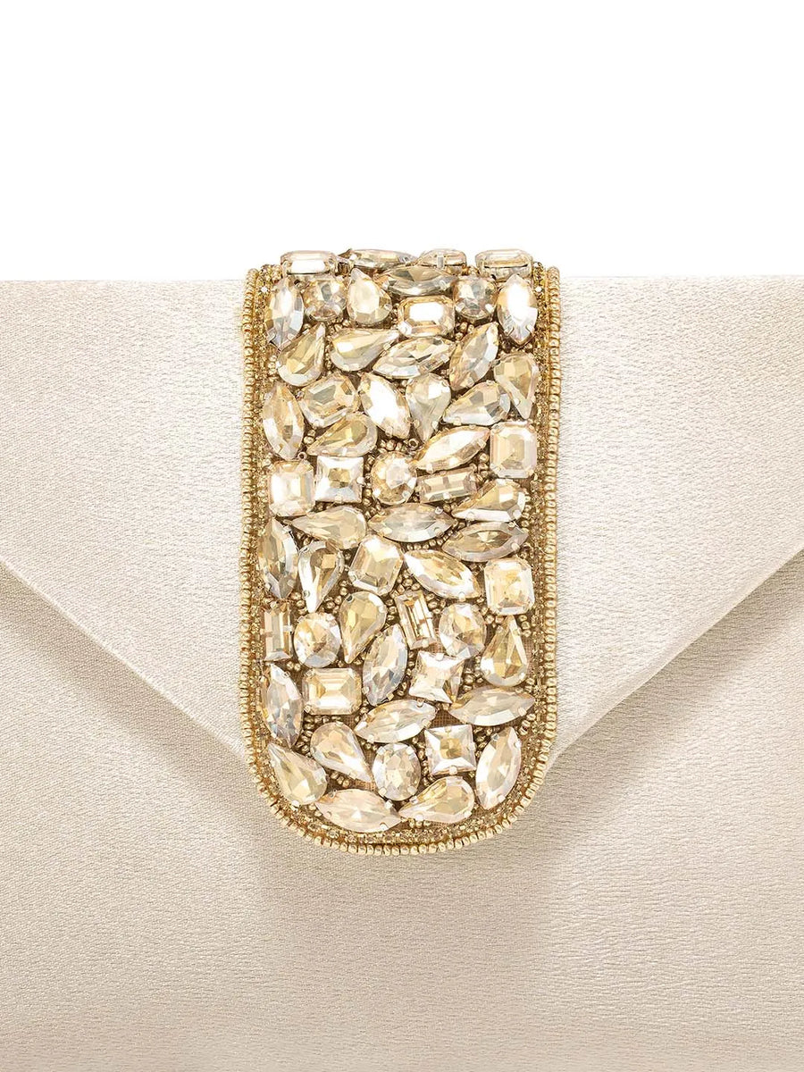 Gold Bling Stone Cream Envelope Clutch Bag