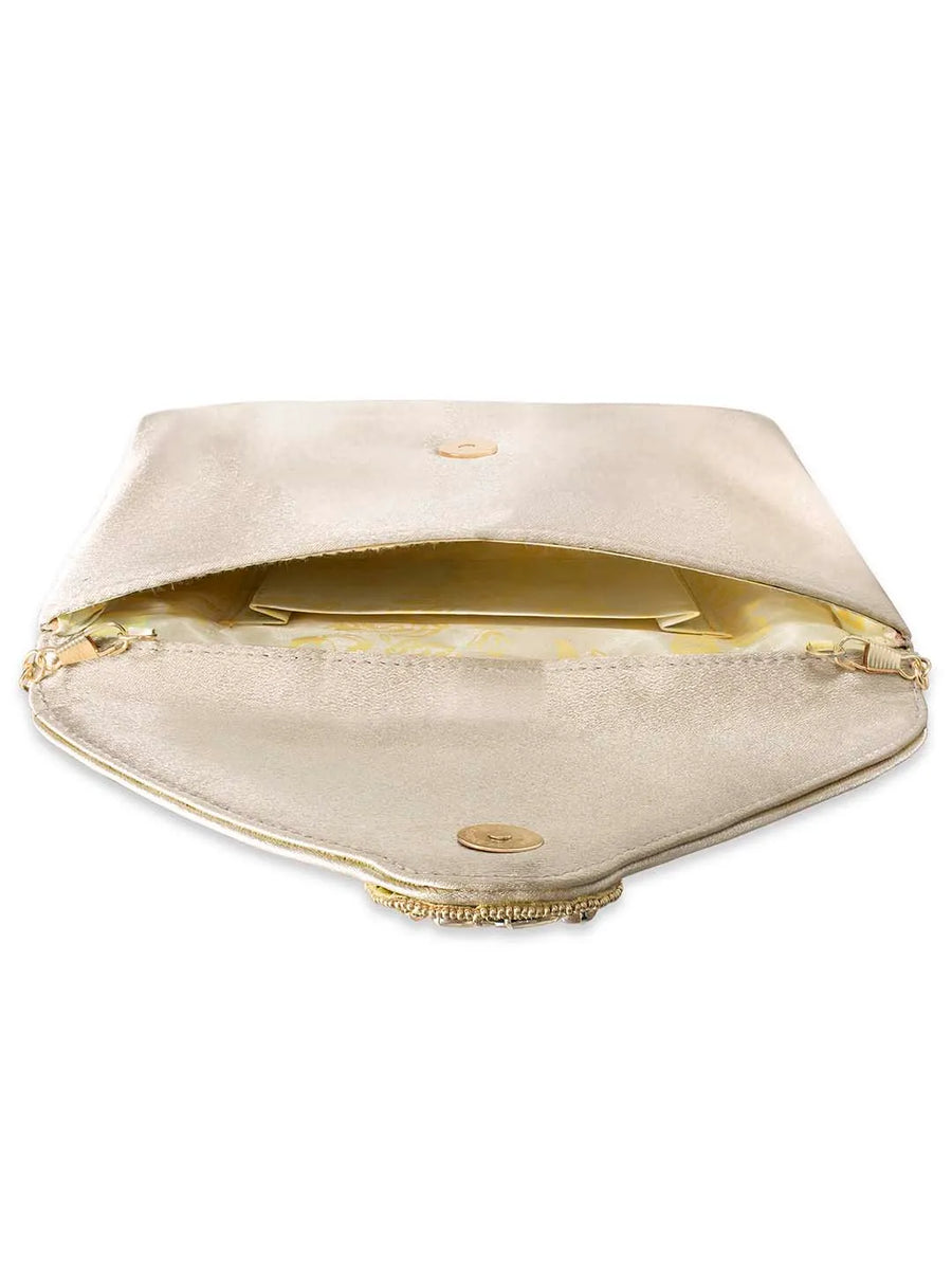 Gold Bling Stone Cream Envelope Clutch Bag