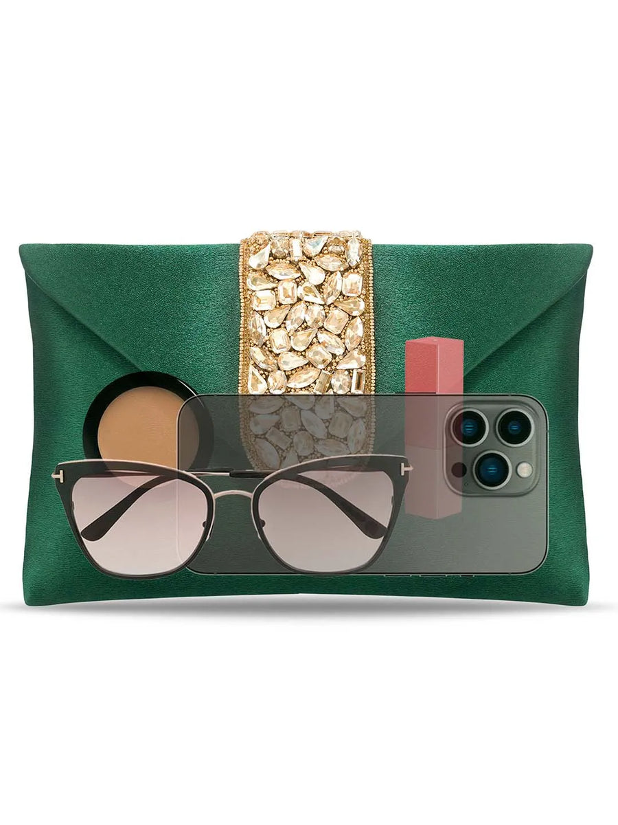 Gold Bling Stone Green Envelope Clutch Bag