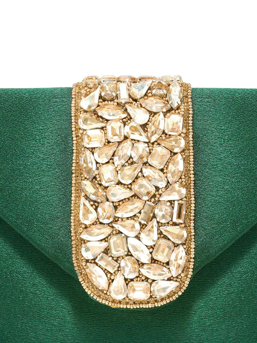 Gold Bling Stone Green Envelope Clutch Bag