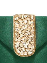 Gold Bling Stone Green Envelope Clutch Bag