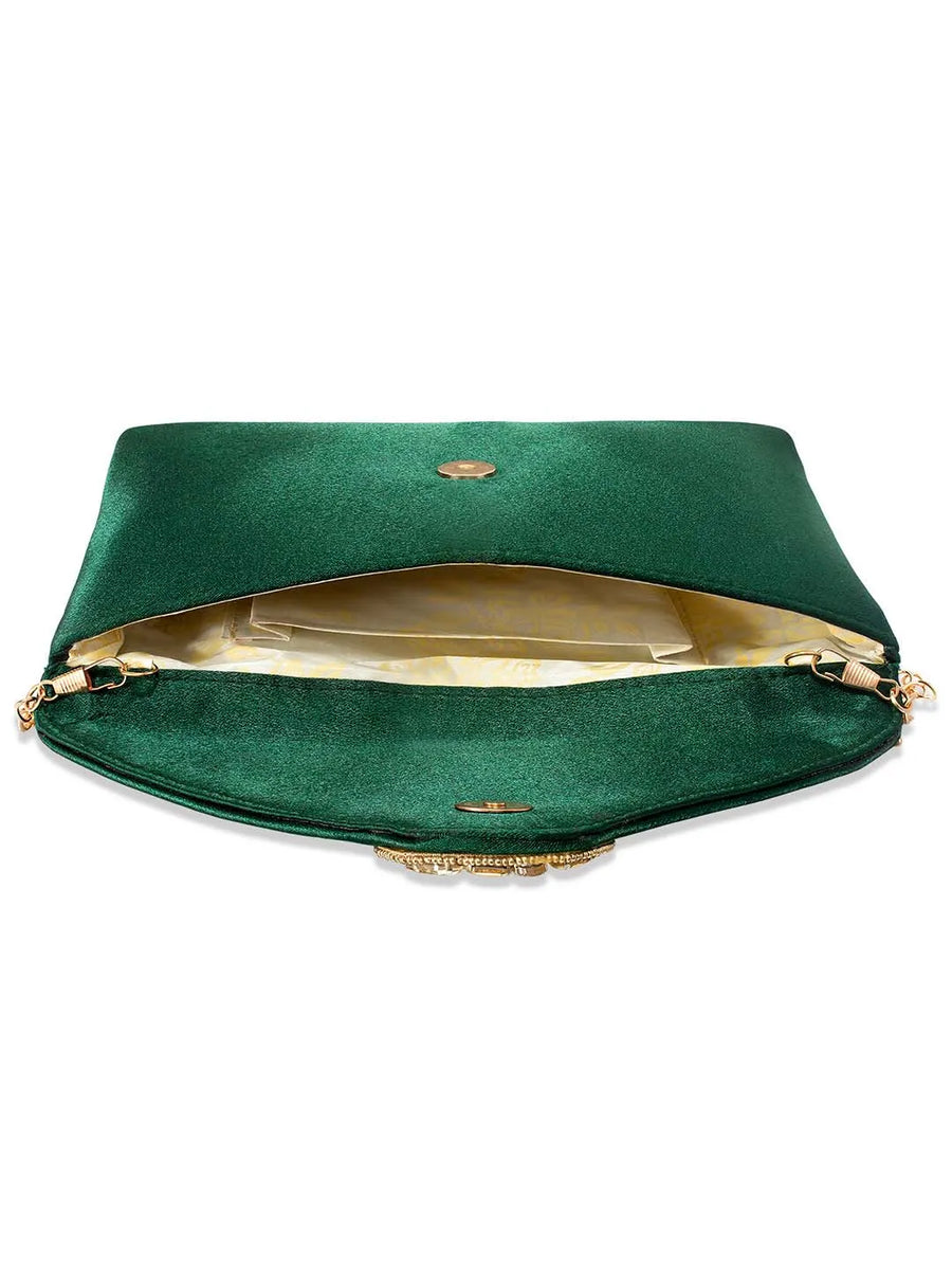 Gold Bling Stone Green Envelope Clutch Bag