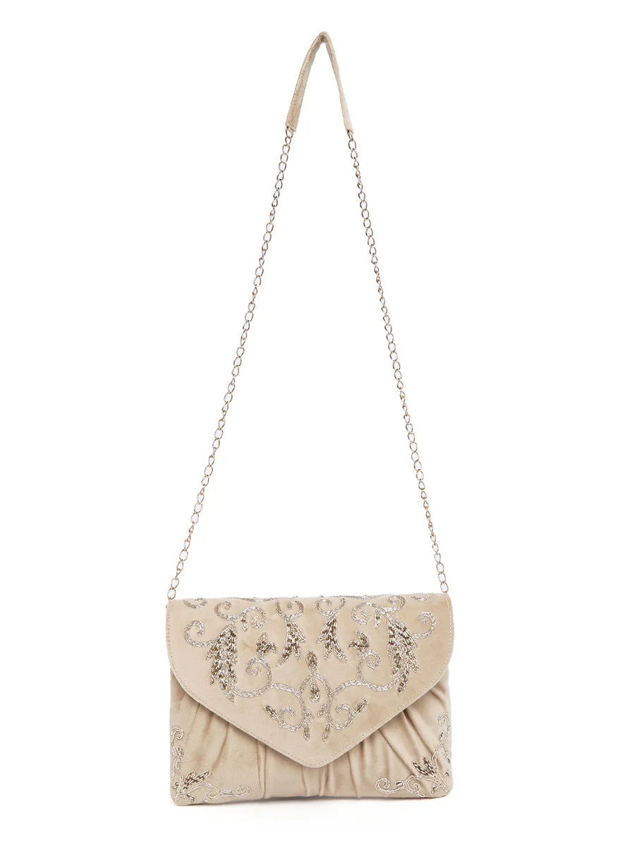 Elegant Embroidery Beaded Sling Clutch - Cream