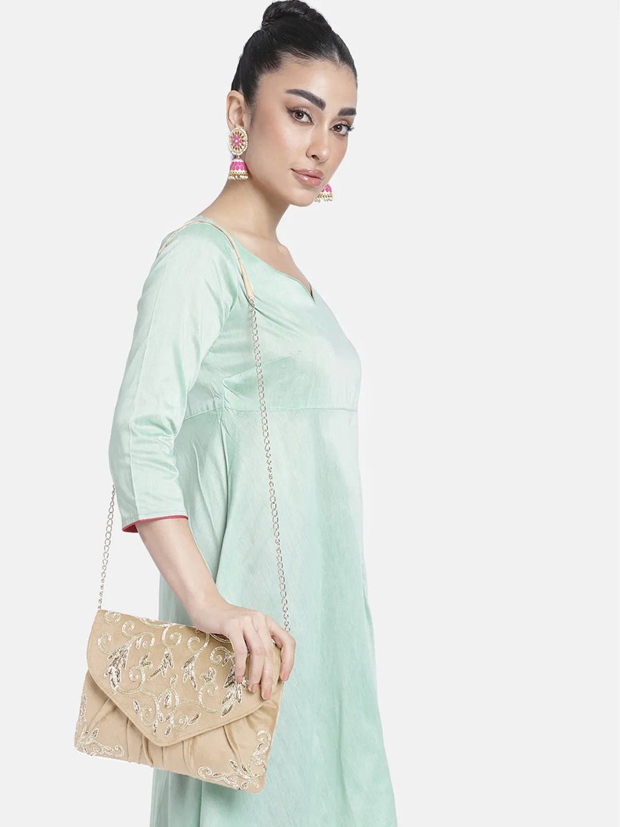 Elegant Embroidery Beaded Sling Clutch - Cream