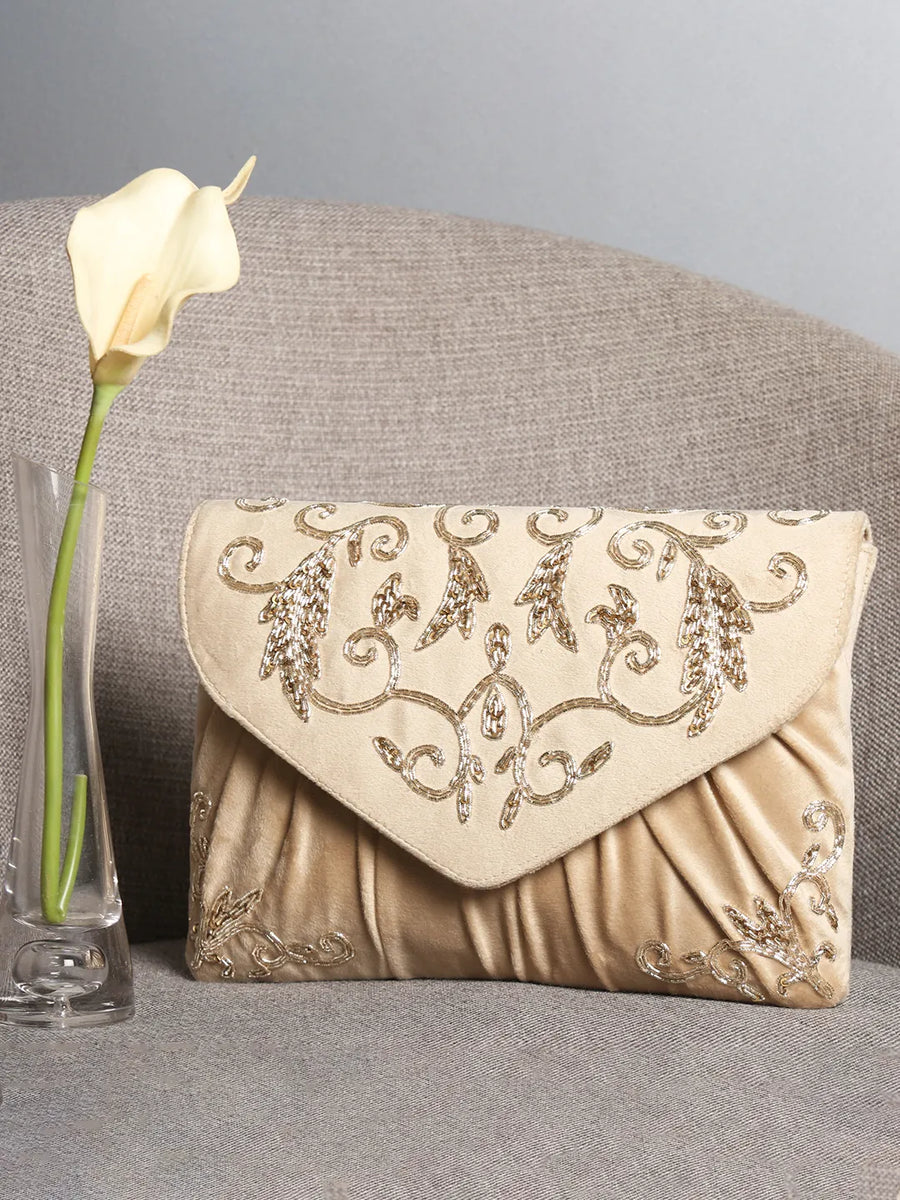 Elegant Embroidery Beaded Sling Clutch - Cream