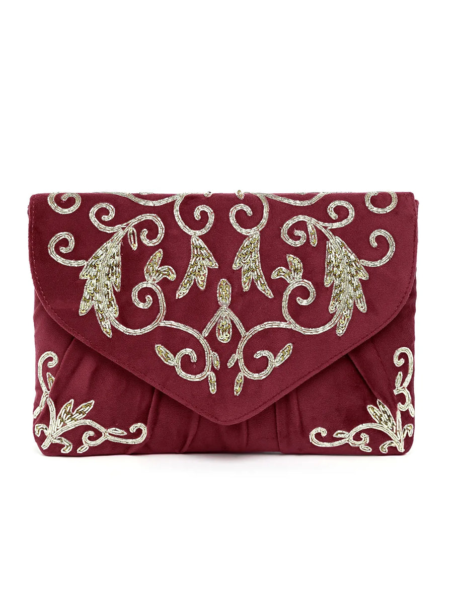 Elegant Embroidery Beaded Sling Clutch - Maroon