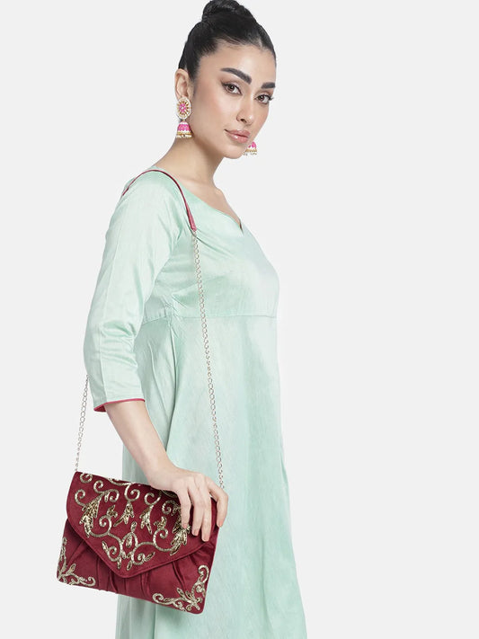 Elegant Embroidery Beaded Sling Clutch - Maroon