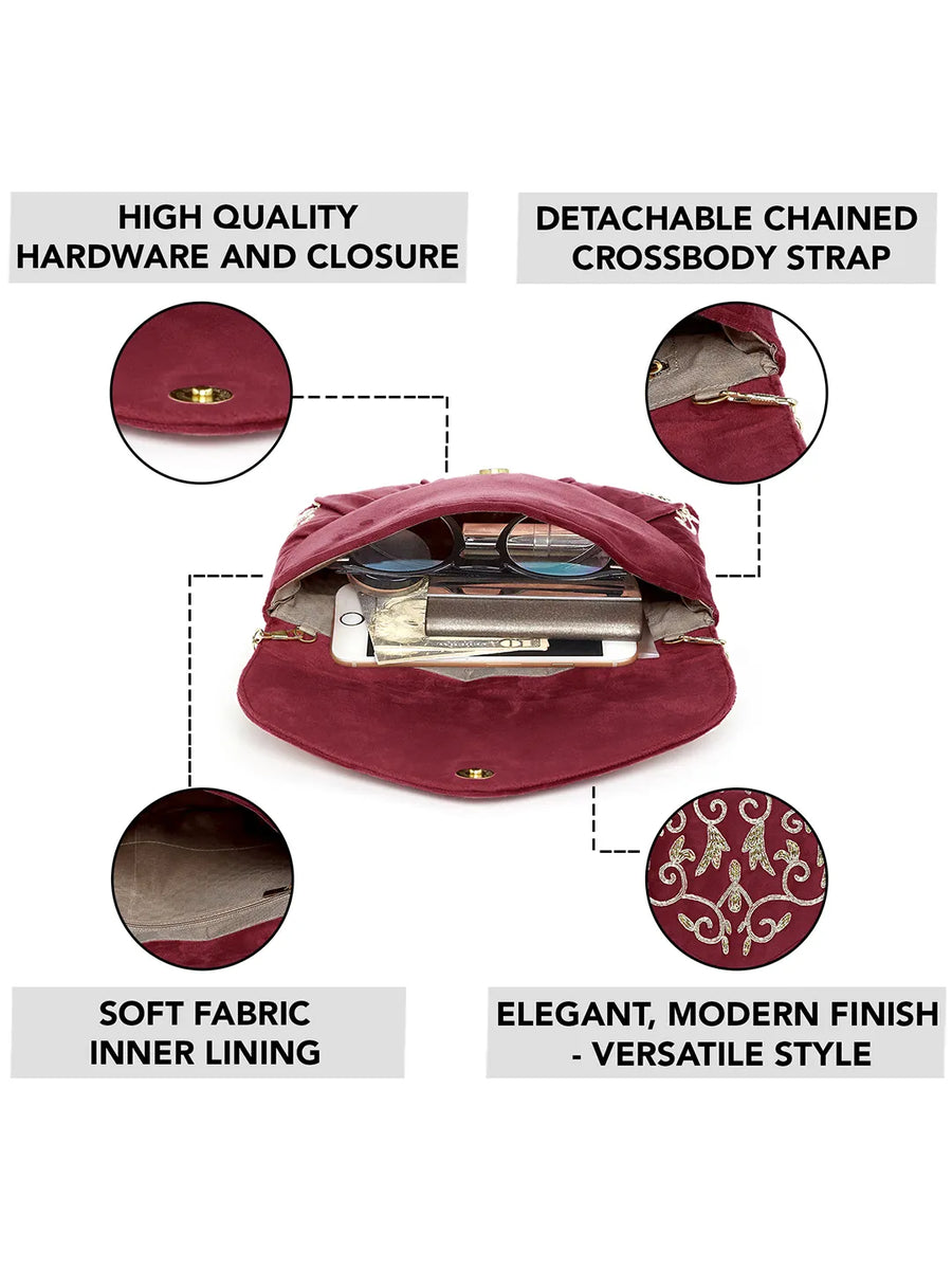 Elegant Embroidery Beaded Sling Clutch - Maroon