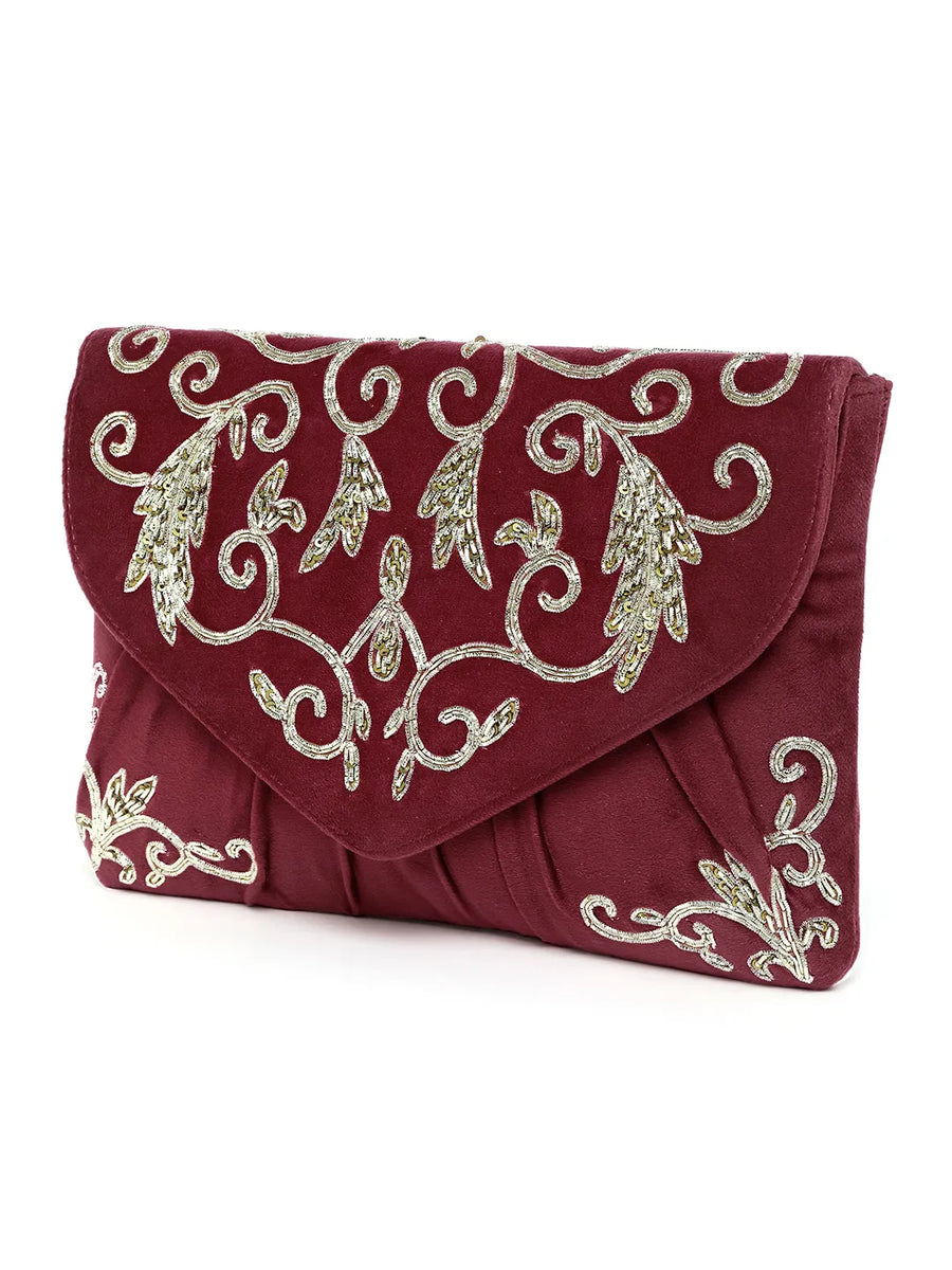 Elegant Embroidery Beaded Sling Clutch - Maroon