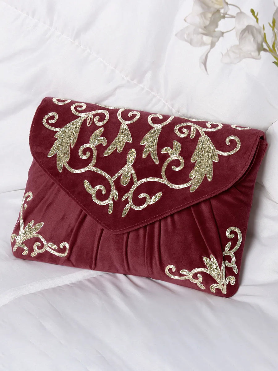 Elegant Embroidery Beaded Sling Clutch - Maroon