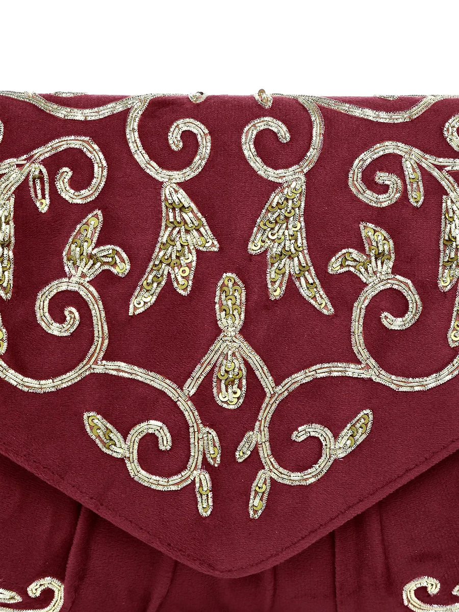 Elegant Embroidery Beaded Sling Clutch - Maroon