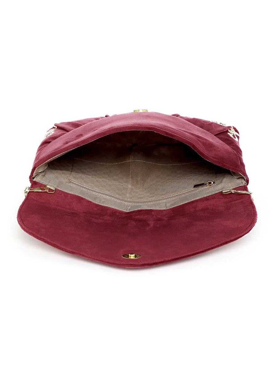 Elegant Embroidery Beaded Sling Clutch - Maroon