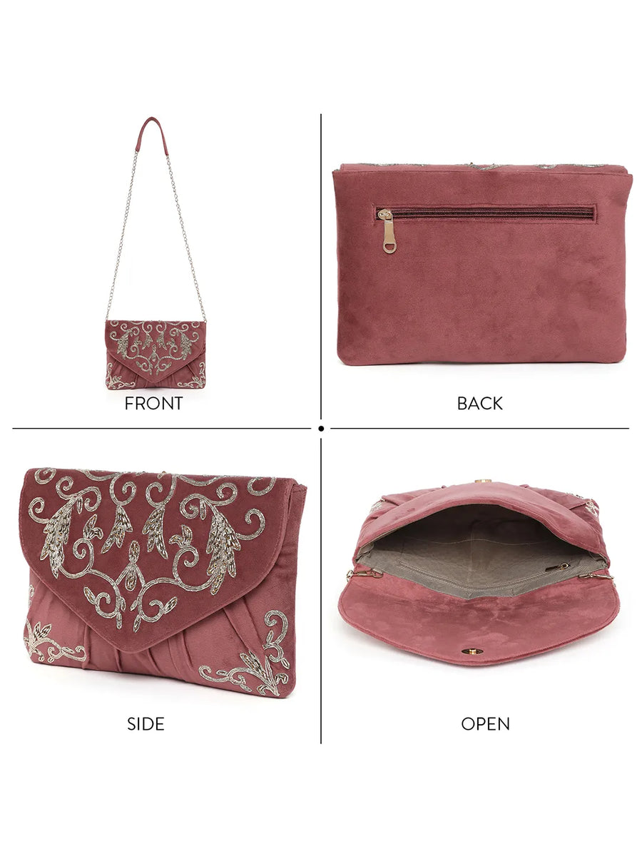 Elegant Embroidery Beaded Sling Clutch - Pink