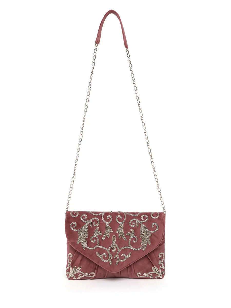 Elegant Embroidery Beaded Sling Clutch - Pink