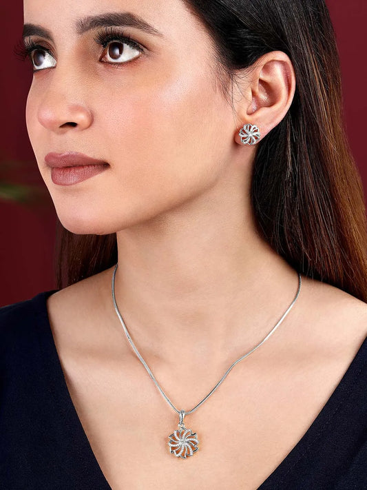Petite Bloom CZ Floral Pendant Set by Peora. Silver-plating floral pendant necklace and matching earrings with CZ Stones.