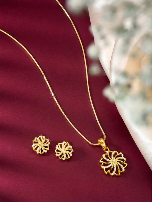 Petite Bloom CZ Floral Pendant Set by Peora. Gold-plating floral pendant necklace and matching earrings with CZ Stones.