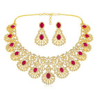 Radiant Ruby CZ and Necklace Set by Peora. Gold-plated necklace set with CZ & ruby stones with intricate designs. Best for weddings & bridal looks.