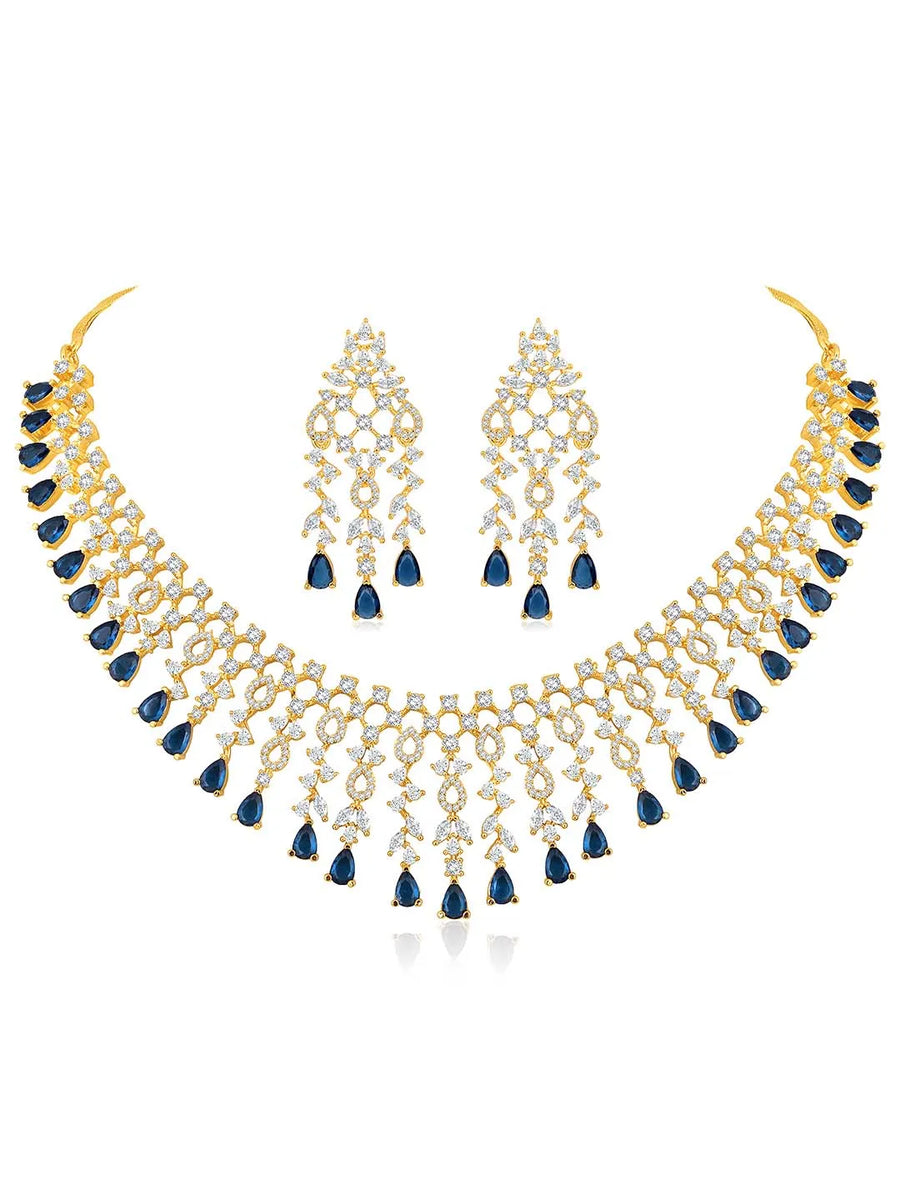 Elegant Shine Sparkling CZ Necklace Set by Peora. Gold-plated necklace with CZ white & blue stones, along with matching earrings.