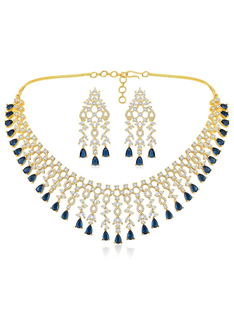 Elegant Shine Sparkling CZ Necklace Set by Peora. Gold-plated necklace with CZ white & blue stones, along with matching earrings.