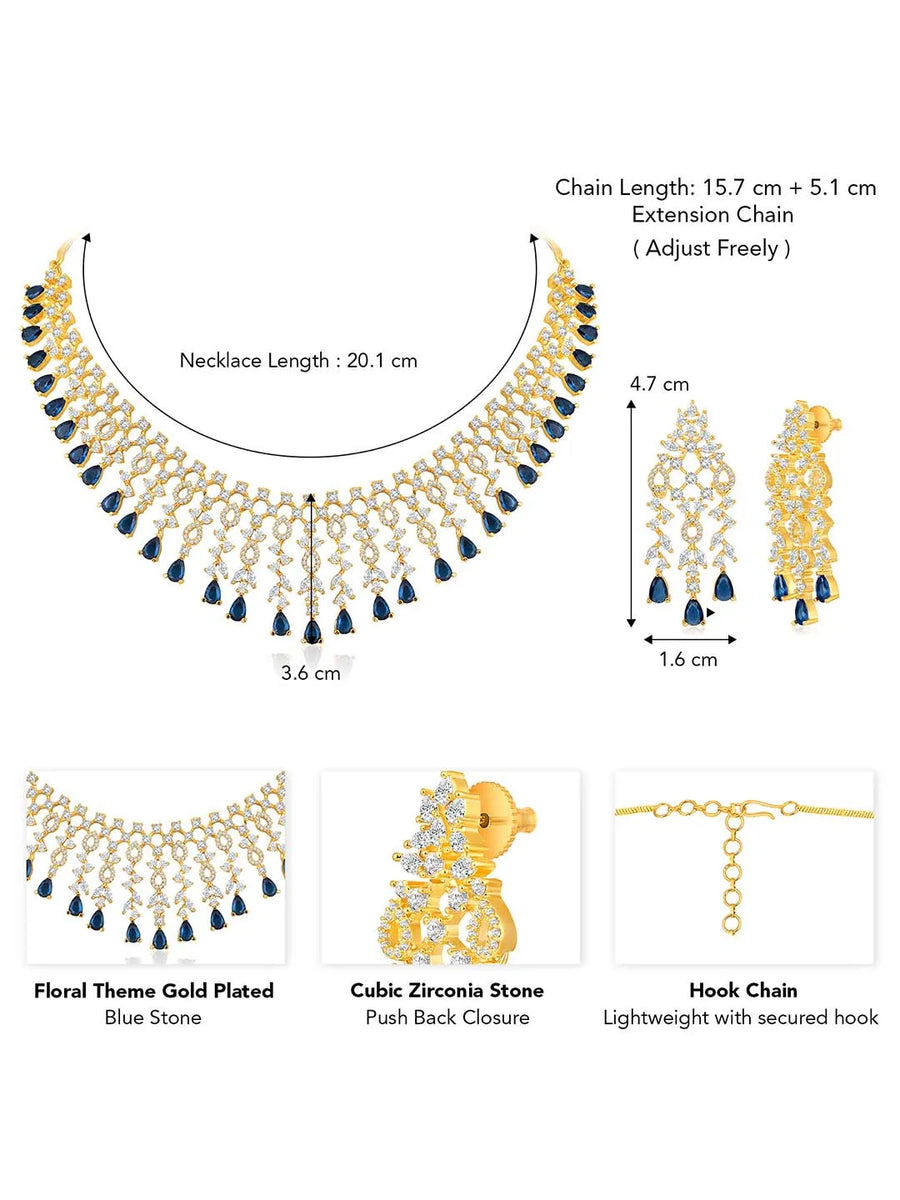 Elegant Shine Sparkling CZ Necklace Set by Peora. Gold-plated necklace with CZ white & blue stones, along with matching earrings.