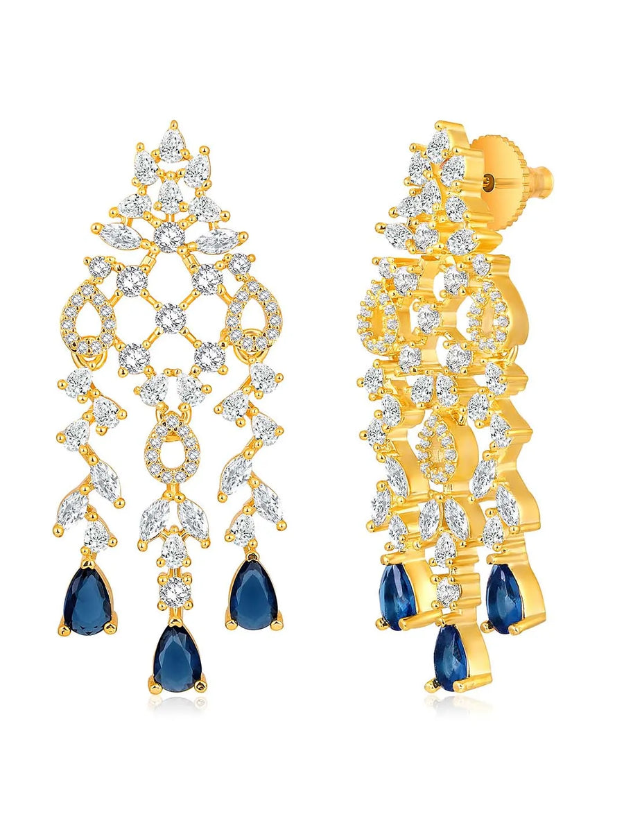 Elegant Shine Sparkling CZ Necklace Set by Peora. Gold-plated necklace with CZ white & blue stones, along with matching earrings.