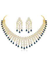 Elegant Shine Sparkling CZ Necklace Set by Peora. Gold-plated necklace with CZ white & blue stones, along with matching earrings.