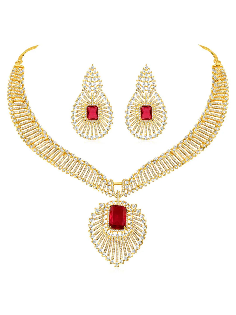 Sparkling Royal Ruby CZ Necklace Set by Peora. Gold-plated necklace set with a geometric pattern and red-colored stones and earrings.